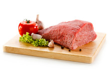 Raw Beef On Cutting Board On White Background