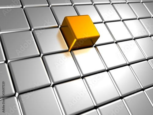silver metal cubes background with different golden element