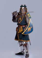 Medieval knight isolated on grey background.