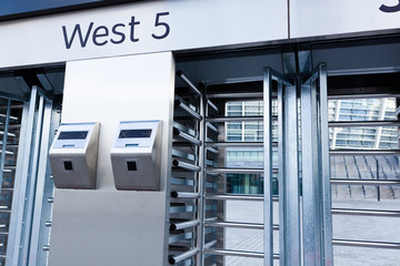 Closeup of security turnstile on stadium