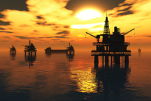 Sea Oil Platforms And Tanker In The Sunset 3D Render