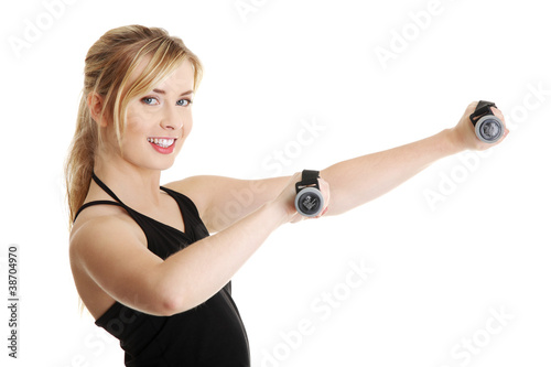 Plakat Młody atrakcyjny żeński ćwiczenie używać dumbbell