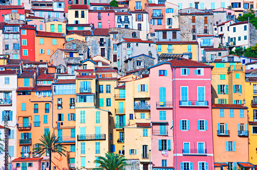 Naklejka na szybę Menton pastel colors houses, Cote d Azur, France