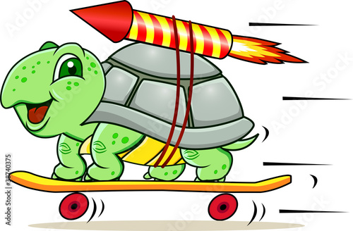 Fototapeta na wymiar Funny little turtle using four wheels and rocket to gain speed
