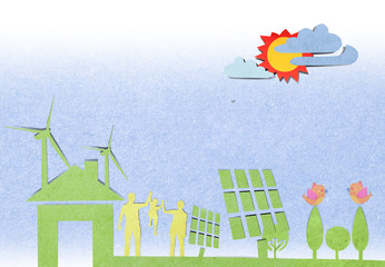 Solar cells station recycled paper craft stick on paper backgrou