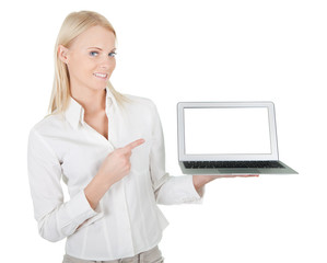 Business woman presenting laptop