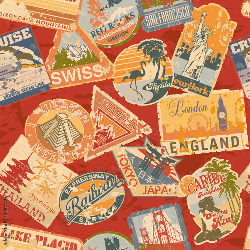 Plakat na zamówienie Vintage luggage labels seamless pattern