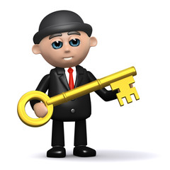 3d Bowler hat businessman has the golden key