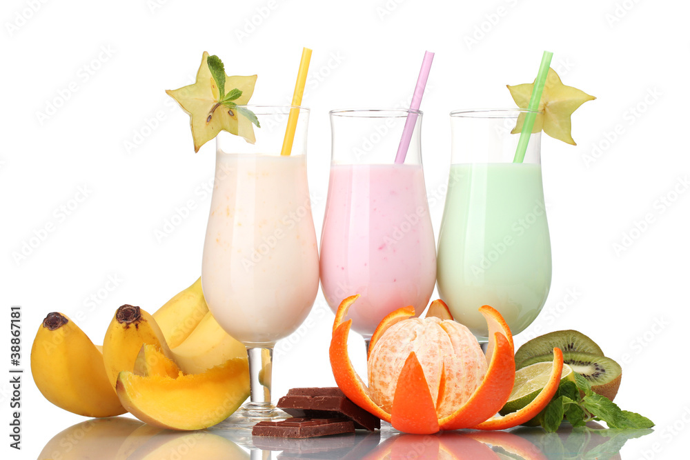 Milk shakes with fruits isolated on white