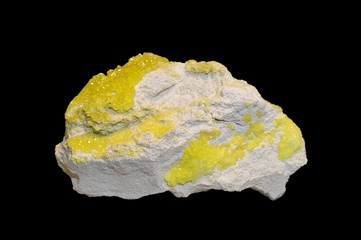 Sulphur crystals, isolated on black. Specimen about 8 cm long.