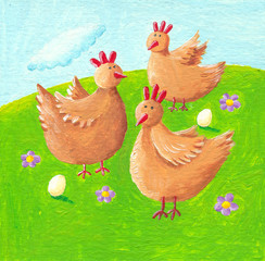 Three funny hens