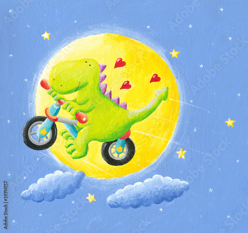 Fototapeta na wymiar Cute dragon in love flying on a bicycle to the moon