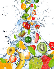 Poster - Fruits falling in water splash, isolated on white background