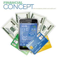 Canvas Print - Financial Concept with Touchphone, Dollar Bills and Credit Cards