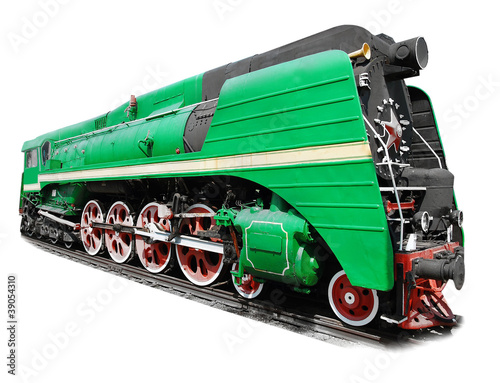 Fototapeta na wymiar Zielona lokomotywa parowa na białym tle