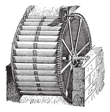 Waterwheel Bucket, Vintage Engraving.