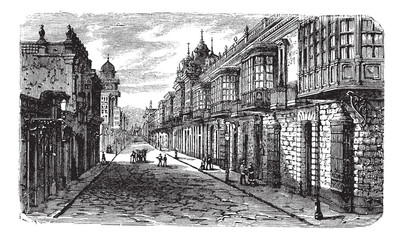 Sticker - Coca and Bodegones intersection in Lima, vintage engraving.