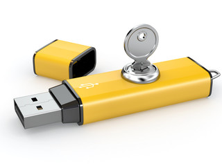 Poster - Data security. Usb flash memory and key. 3d