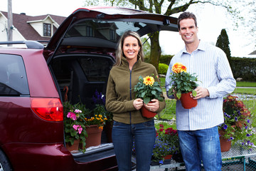 Poster - Happy couple with flowers.