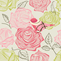 Fototapete - Retro floral and bird seamless pattern