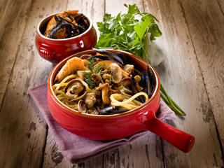 Poster - spahetti with seafood and mushrooms- pasta mare e monti