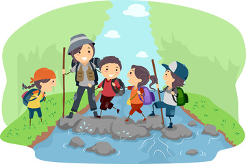 Wall Mural - Campers Crossing a River