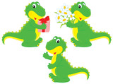 Fototapeta Dinusie - Dinosaur with a gift and nosegay