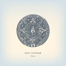 Engraving Vintage Maya Calendar Illustration.