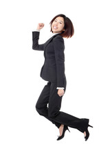 Poster - successful businesswoman in suit jumping joyful