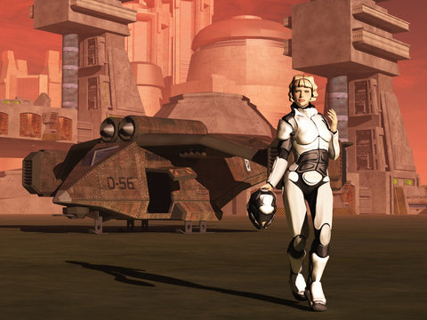 Futuristic female space pilot walks from her shuttle