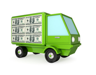 Canvas Print - Green truck with a dollar sign on a body.