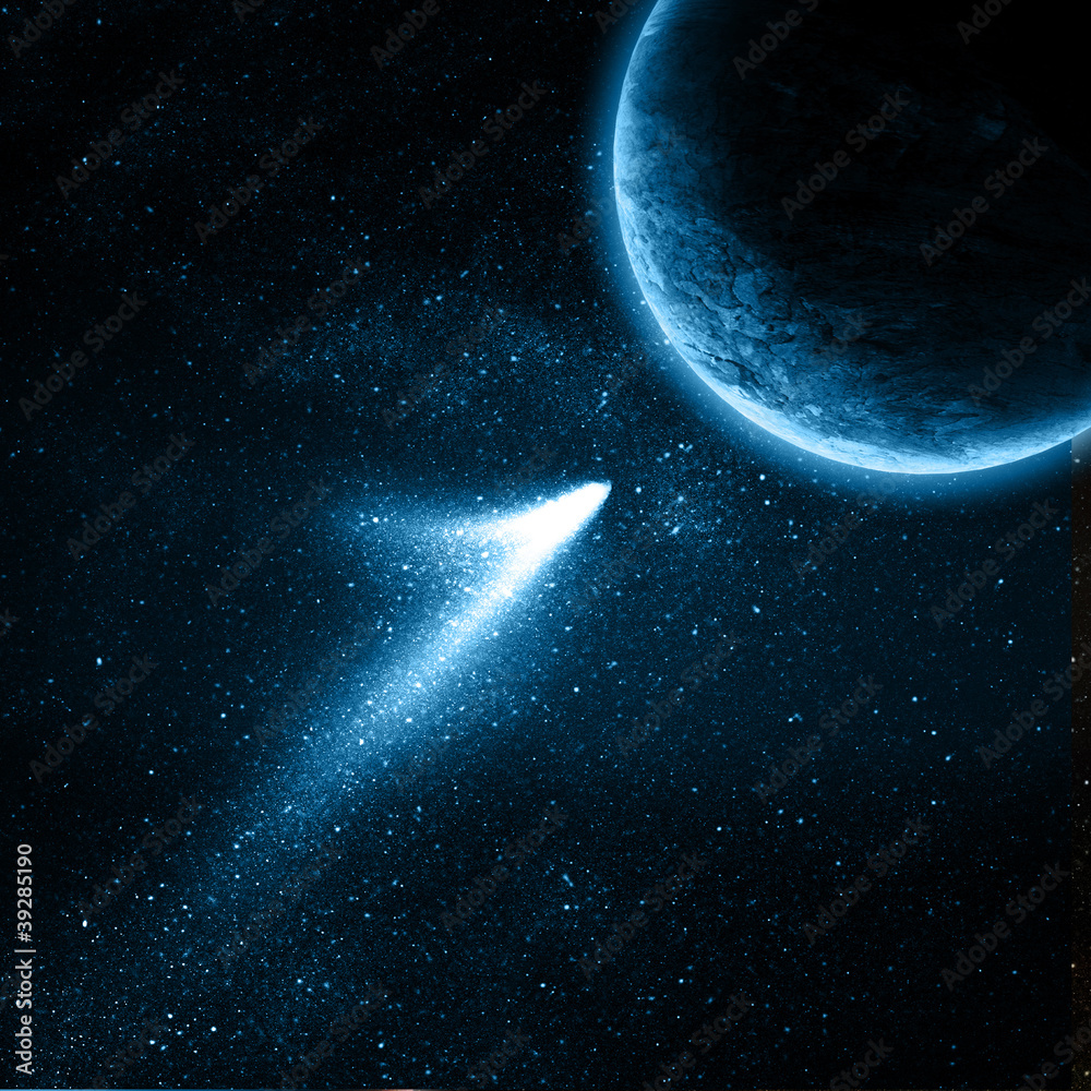 comet flying to planet in space - obrazy, fototapety, plakaty 