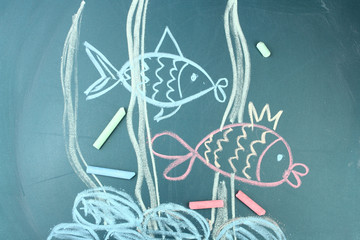 Wall Mural - Two fishes, сhild's drawing with chalk