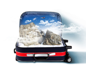 Poster - Red suitcase with snowy mountains inside