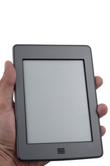 Ebook reader device holding hand on isolated white background