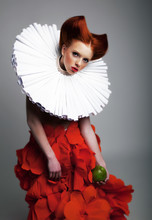 Romantic Portrait Of Redhair Woman In White Jabot And Red Dress