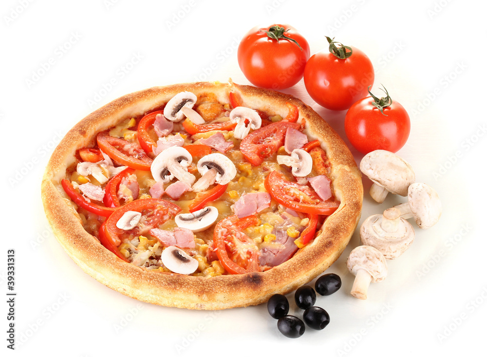 Aromatic pizza with vegetables and mushrooms isolated on white