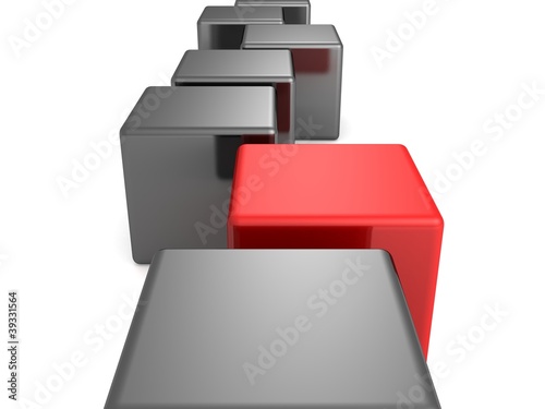 Individuality concept. red unique cube in row of black others
