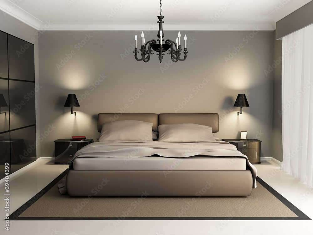 Modern luxury elegant bedroom interior, chandelier front Stock ...