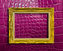Frame Of Golden Wood On Purple Leather With Clipping Path