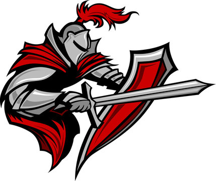 Knight Warrior Mascot Stabbing with Sword and Shield Vector Imag