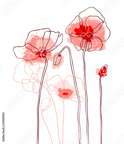 Naklejka - mata magnetyczna na lodówkę Red poppies on white background. Vector illustration