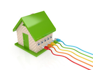 Wall Mural - Colorful patch cords and small house.