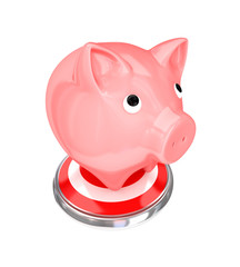 Poster - Cute piggy bank standing on a big target-button.