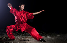 Wushoo Man In Red Practice Martial Art