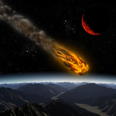 Wall Mural - Attack of the asteroid on the planet in the universe. Abstract i