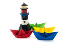 Colorful Paper Boats With Lighthouse
