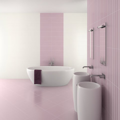 Wall Mural - purple modern bathroom with double basin and bathtub