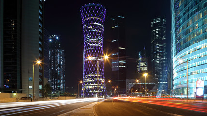 Fototapete - Blue illuminated Tower in Doha, Qatar