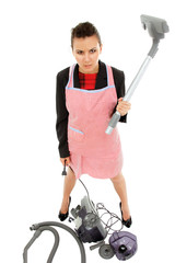 businesswoman and housewife tired in apron with broken vacuum cl